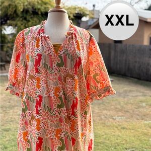 Floral Print Blouse - Red, Green, Pink